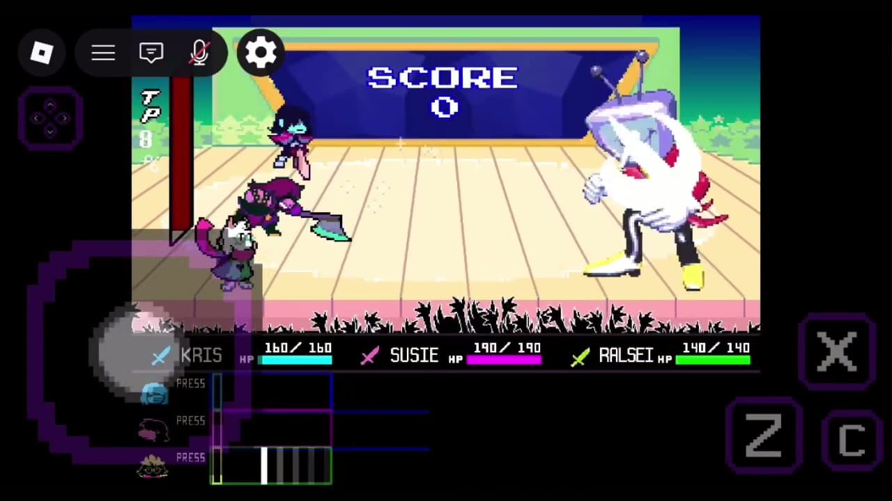 A recorded DELTARUNE Fight battle screen with a visible touch-style directional pad and X, Z, and C buttons.