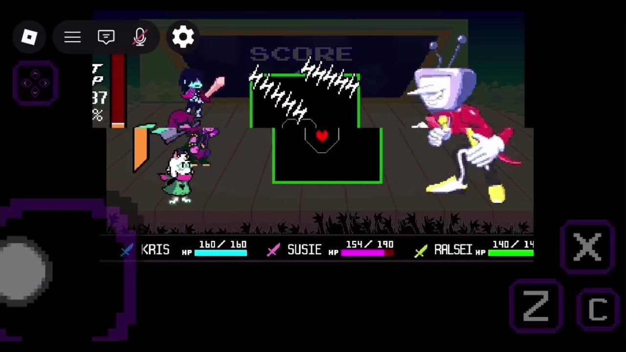 A recorded DELTARUNE Fight battle screen with a touch directional pad, X, Z, and C buttons, party HP bars, and a visible TP 37% indicator.