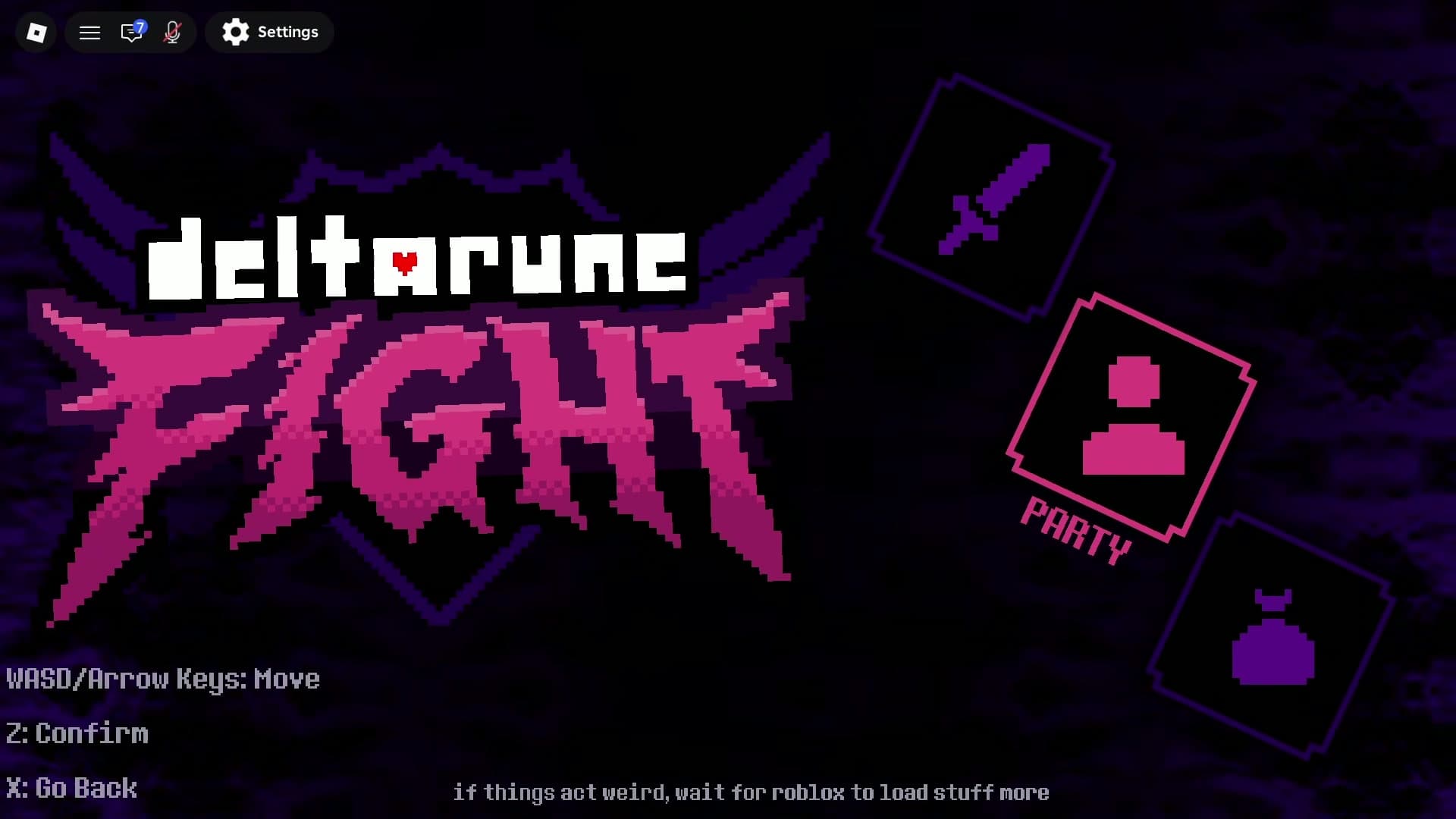 A recorded DELTARUNE Fight title screen showing WASD and Arrow Keys to move, Z to confirm, and X to go back.