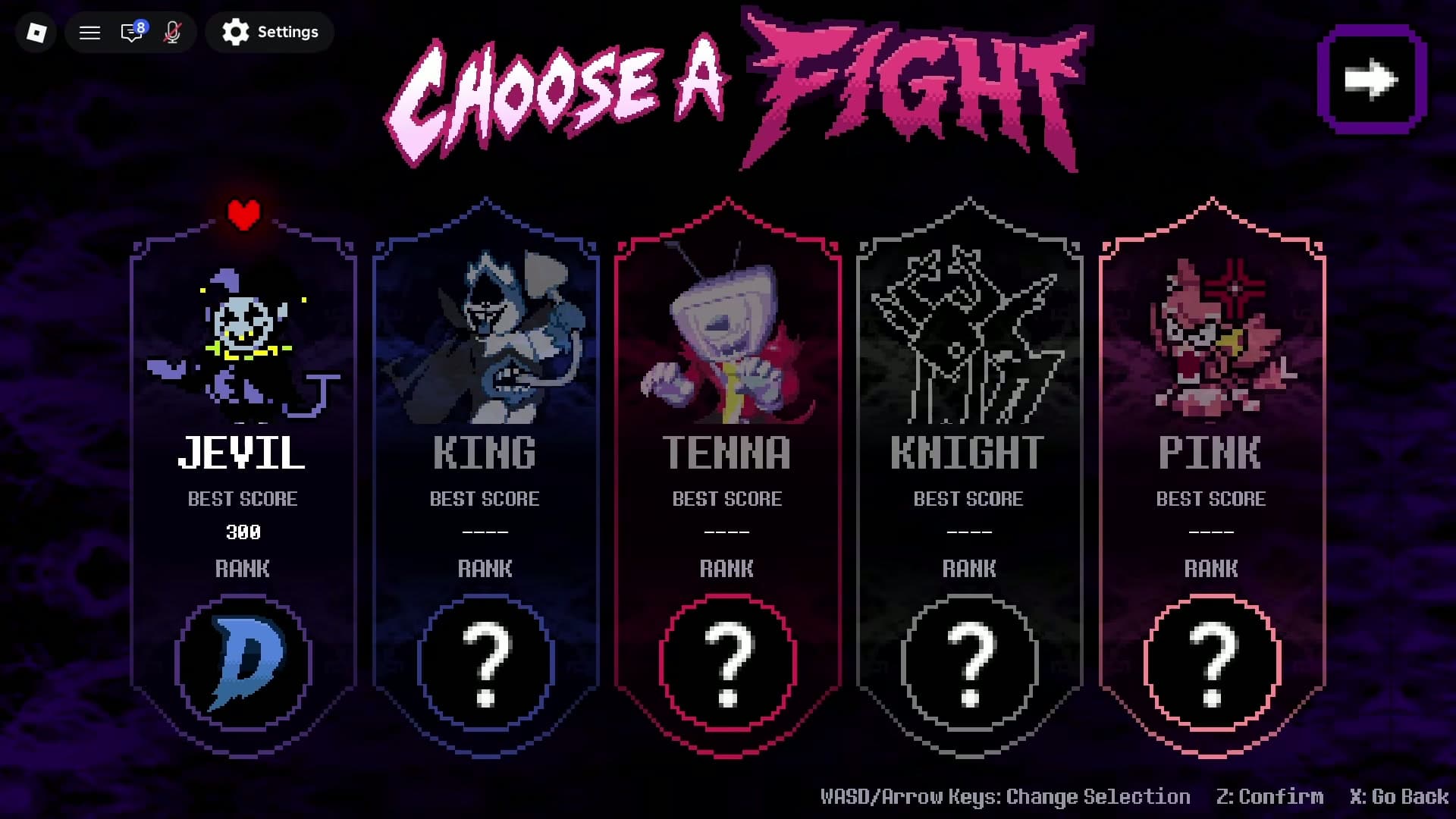A recorded DELTARUNE Fight screen labeled Choose a Fight with several named fight cards visible.