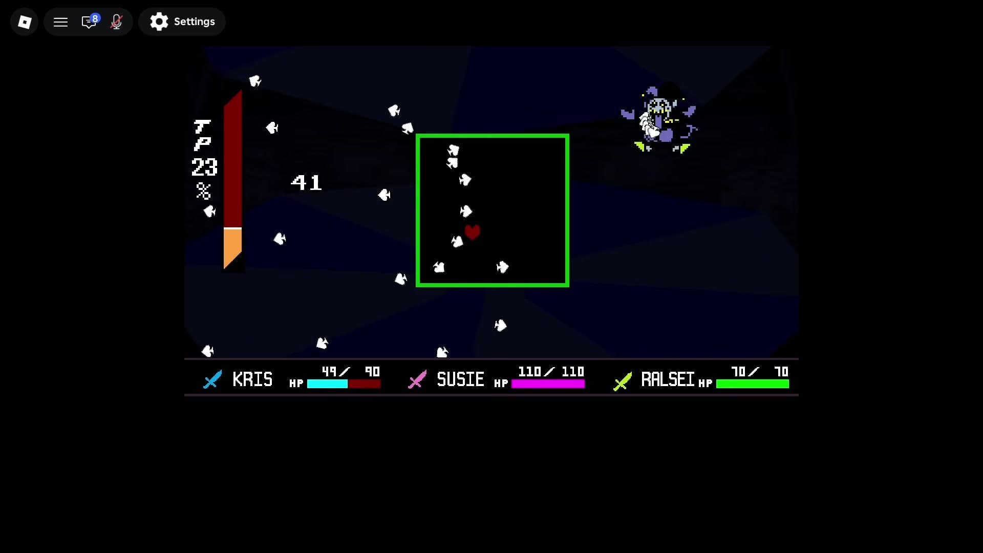 A recorded DELTARUNE Fight battle screen with KRIS, SUSIE, and RALSEI HP bars, a TP percentage, and a central soul box visible.